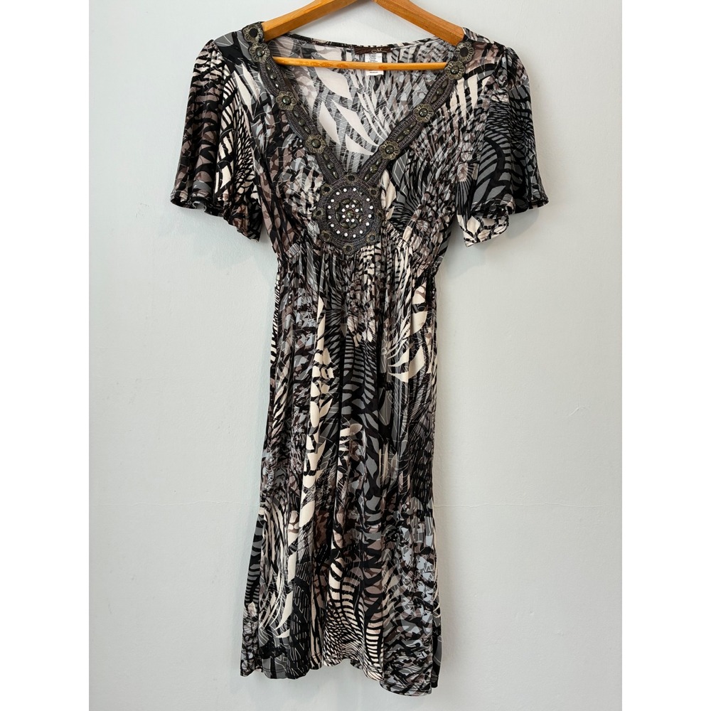 M USA‎ Brown Black White Dress Embellished V Neck Short Sleeve Medium